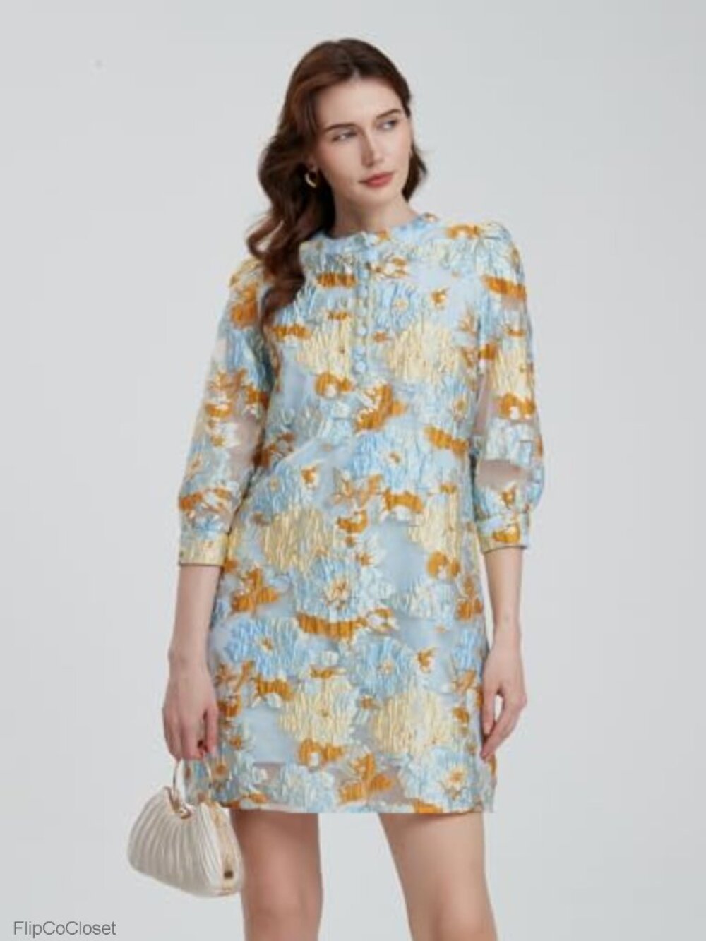 Floral Jacquard Embroidered Cocktail Shift Dress with Puff Sleeves Mini - Picture 4 of 6